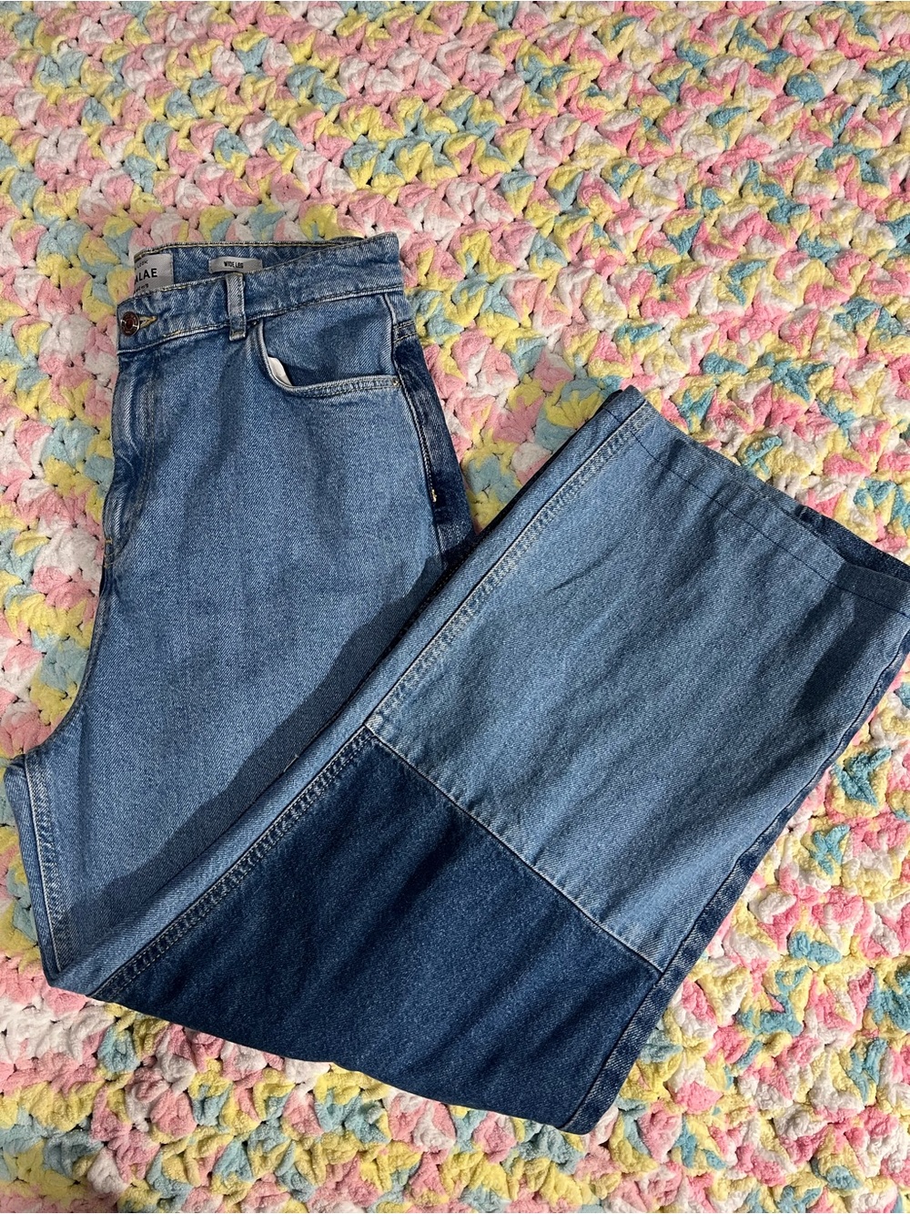 Adalae Two Tone Patchwork Jeans 10 High Waist Wide Leg Color Block Denim Y2K - Picture 3 of 8